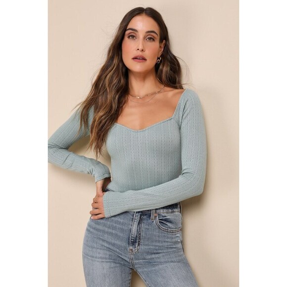 Lulus Tops - Lulus Too-cute Attitude Sage Green Pointelle Knit Long Sleeve Bodysuit